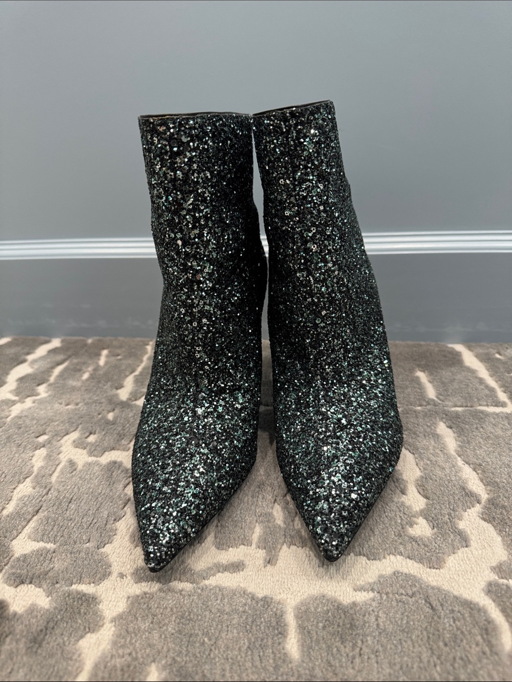Saint Laurent Black Glitter Pointed Ankle Boots